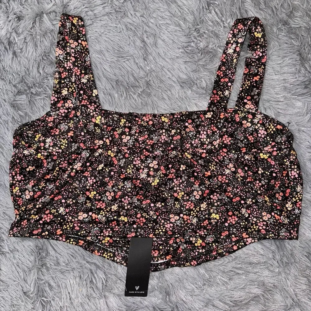 Lulu's XL Bloom In Black Wide Leg Trouser And Bustier Crop Black Floral‎ NWT